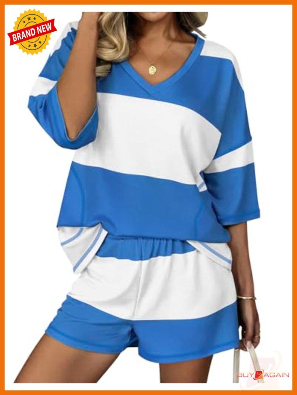 Women's 2 Piece Lounge Set Oversized Summer Short Set V Neck Top with Pockets